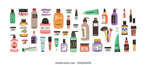Set of different beauty cosmetic products for body, hair and skin care. Bundle of organic cosmetics and makeup items in bottles, tubes and jars. Colored flat vector illustration isolated on white - Shutterstock ID 1942263496