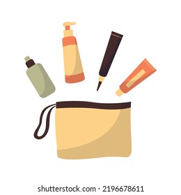 Set of different beauty cosmetic products for body, hair and skin care. Bundle of organic cosmetics and makeup items in bottles, tubes and bag. Colored flat vector illustration isolated on white