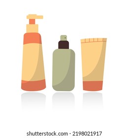 Set of different beauty cosmetic products for body, hair and skin care. Bundle of organic cosmetics and makeup items in bottles, tubes and bag. Colored flat vector illustration isolated on white