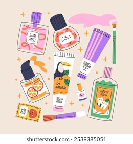 Conjunto de diferentes productos cosméticos de belleza para el cuidado del cuerpo, oral y de la piel. Paquete de cosméticos y artículos de maquillaje en botellas, tubos y tarros. Ilustración vectorial plana de color.