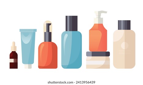 Set with different beauty products, shampoo, moisturizer, lotion, face serum and other. Flat designed isolated on white vector illustrations