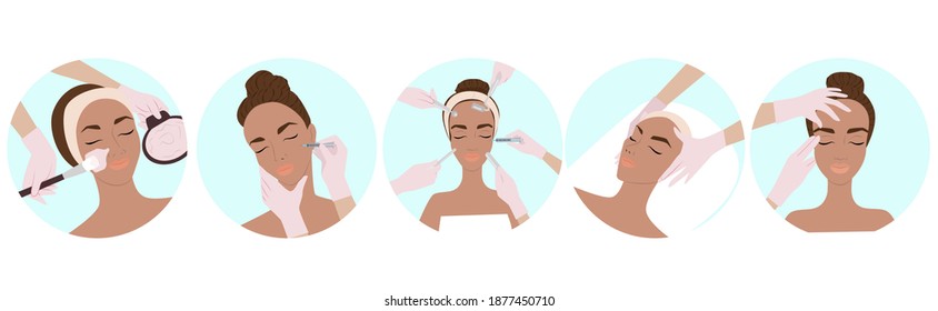 
Set with different beauty treatments, beauty injections, body and facial care, facial massage, cosmetology, woman's face and care, vector flat illustration.