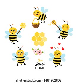 Set of different bee cartoon character . Cute bee isolated on white background with honeycomb, flower, heart, honey pot, wooden dipper vector illustration.