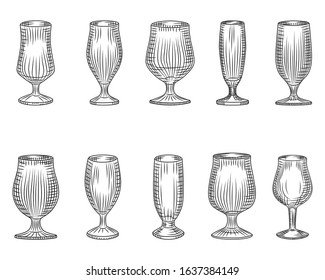 Set of different beer glass. Beer cup silhouette. Glass or alcohol drink. Engraving vintage style. Element for bar menu design.  Vector retro illustration