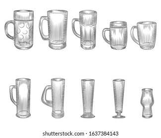 Set of different beer glass and mugs. Beer cup silhouette. Glass or alcohol drink. Element for bar menu design. Engraving vintage style. Vector retro illustration