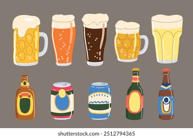 Set of different beer glasses and bottles isolated on white background. Hand drawn trendy flat vector illustrations for Oktoberfest beer festival, brewing concept.