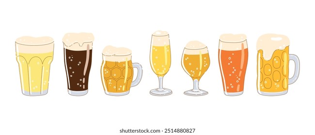 Set of different beer glasses isolated on white background. Hand drawn trendy flat vector illustrations for bar menu, beer festival, brewing concept.