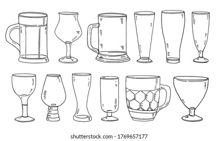 Conjunto de diferentes gafas de cerveza y tazas. Ilustración de esbozo vectorial dibujado a mano. Negro aislado sobre fondo blanco