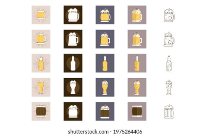 Set of different beer glasses mugs and bottles icon