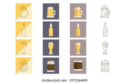 Set of different beer glasses mugs and bottles icon