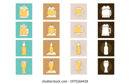 Set of different beer glasses mugs and bottles icon
