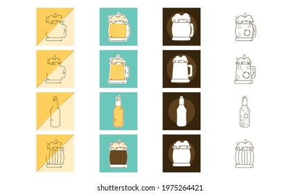 Set of different beer glasses mugs and bottles icon