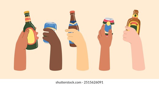 Set with different beer glasses in people hands isolated on simple background. Hand drawn trendy flat vector illustrations for bar menu, beer festival.