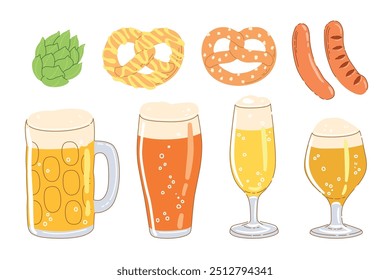 Set of different beer glasses, pretzel, sausages, hop isolated on white background. Hand drawn trendy flat vector illustrations for Oktoberfest beer festival, brewing concept.