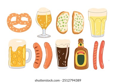 Set of different beer glasses, pretzel, sausages, hop isolated on white background. Hand drawn trendy flat vector illustrations for Oktoberfest beer festival, brewing concept.