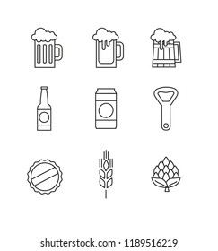 Set of different beer thin line icons for bar or pub. Brewery or craft beer making flat pictograms collection. - Vector illustration