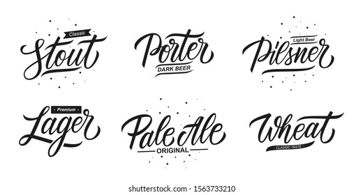 Set of different beer types for beer labels or pub menu. Stout, Porter, Pilsner, Lager, Pale Ale, Wheat. Calligraphic elements for your design. Vector illustration.