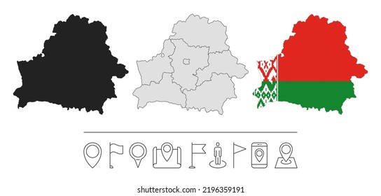 Set of different Belarus maps with national flag. Navigation line icons. Vector illustration.