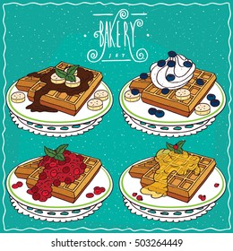Set of different Belgian waffles, with chocolate and banana, with honey, red berries or blue berries, banana and whipped cream. Handmade cartoon style. Vector illustration