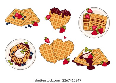 Set of different belgian waffles. Vector illustration in doodle style. Healthy eating, cooking, breakfast menu, dessert, recipes. Perfect for banner, website, poster, menu, advertising.