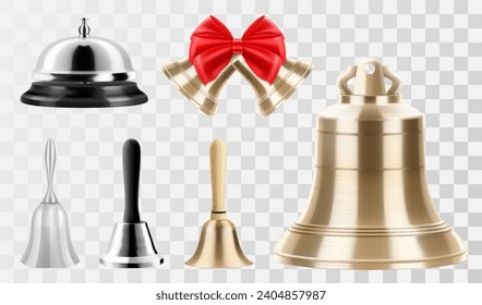 Set of different bells, gold and silver bells, hotel service bell, Christmas bells with red bow, hand bell with wooden handle isolated on transparent background. Realistic 3D vector illustration.