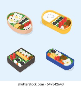 Set of different bento. Japanese lunch boxes collection. Funny cartoon food. Isometric colorful vector illustration.