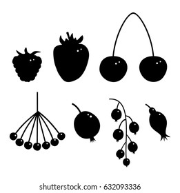 Set of different berries icons. Black contour silhouettes of berries. Rowan, raspberry, strawberry, cherry, gooseberry, currant, hips, dog rose