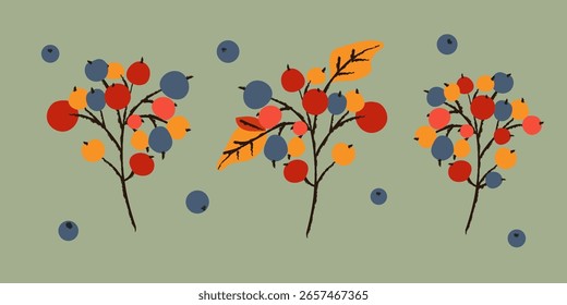 Set of different berries with leaves. Includes blueberries, blackberries. Bright colors, minimal shadows, hand drawn details, clean and cozy vector style. Perfect for packaging, textiles 