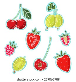A set of different berries on a white background. Gooseberries, cherries, strawberries, raspberries.