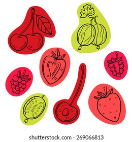 A set of different berries on a white background. Gooseberries, cherries, strawberries, raspberries.