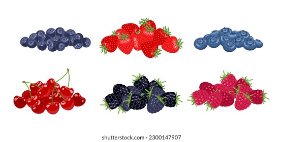 Set of different berry heap. Vector cartoon illustration of raspberry, strawberry, blueberry, cherry, bilberry and blackberry. Fruit flat icons.