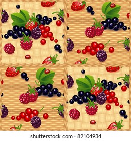 set of different  berry,  on a wicker natural wood background. Wallpaper.
