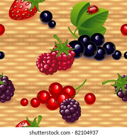 set of different  berry,  on a wicker natural wood background. Wallpaper.