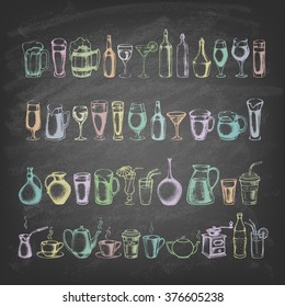 Set of different beverages. Hand drawn colored illustration on the blackboard. Retro vintage style. Vector illustration.