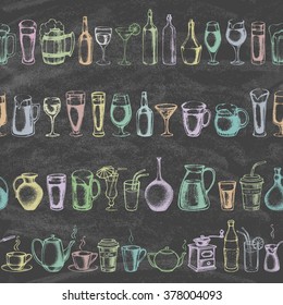 Set of different beverages. Hand drawn colored illustration on the blackboard. Retro vintage style.  Seamless background. Vector illustration.