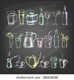 Set of different beverages. Hand drawn colored illustration on the blackboard. Retro vintage style. Vector illustration.