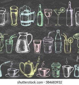 Set of different beverages. Hand drawn colored illustration on the blackboard. Retro vintage style. Seamless background. Vector illustration.