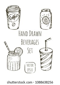 Set of different beverages for takeaway. Fast food sketch illustration. Hand drawn street drinks- coffee to go, lemonade, can with orange juice and fresh cocktail in a jar. Elements for cafe menu.