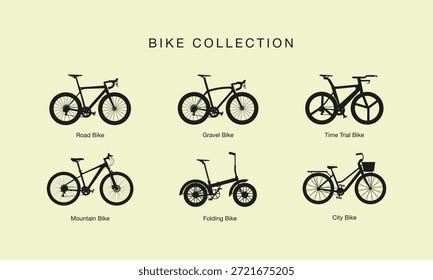 Conjunto de diferentes modelos de bicicletas y siluetas. Conjunto de diferentes tipos de bicicletas, incluyendo bicicleta de carretera, grava, Prueba horaria, MTB, plegable y bicicleta urbana.