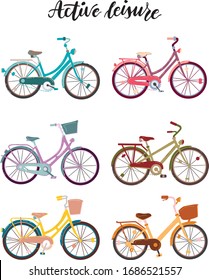 Set of different bicycles in vintage style and flat colors. Handwritten lettering “Active leisure” on the top. Outdoor activities and sports, eco-friendly picture for posters, websites and parks.