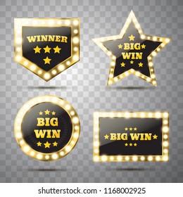 Set of different Big Win glowing banners for online casino, slot, card games or roulette. Winner sign