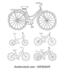 Set of different bikes, hand-drawn. Vector illustration on white background.