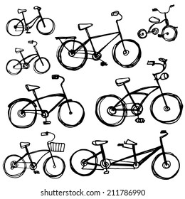Set of different bikes, sketch. Children's bicycle, tandem. sketch vector