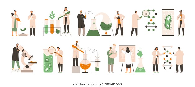 Set of different biochemists working in labs doing chemical analysis, tests and experiments on plants and microorganisms, colored vector illustration