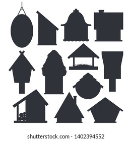 Set of different bird houses in monochrome color isolated on white background. Cartoon homemade nesting boxes for birds, ecology birdboxes vector illustration