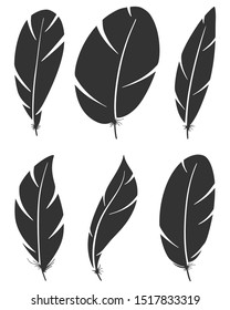 Set of different bird wing feathers. Black flying quills symbols. Vector image. Isolated on white background.