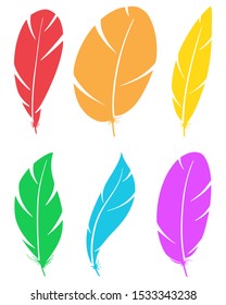 Set of different bird wing feathers. Color flying quills symbols. Vector image. Isolated on white background.