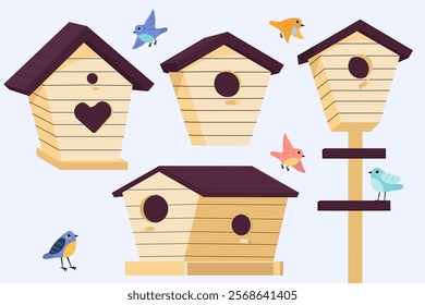 Set with different birdhouses and birds. Isolated hand drawn illustration.