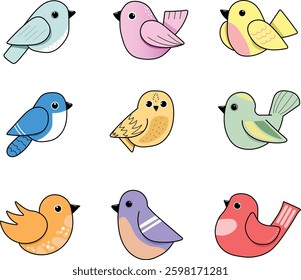Set of different birds, flat style. Stickers set.
