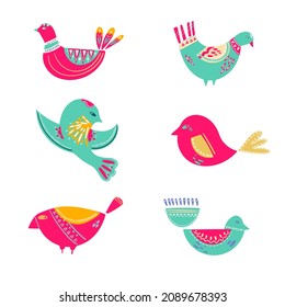 A set of different birds in folk style. Isolated illustrations of birds on a white background. Colorful images of birds.